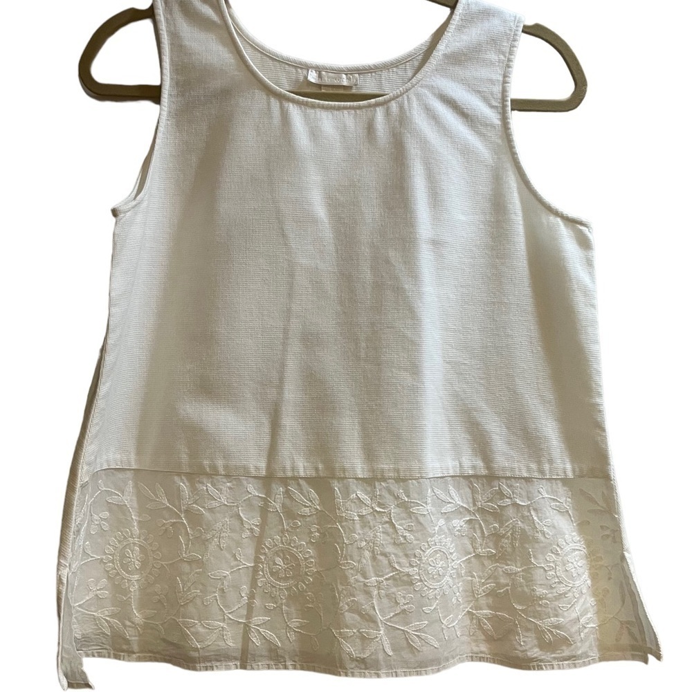 Whitewash 100% Cotton Pique Tank Top with Sheer Embroidered Hem On Front Sz M - Picture 3 of 8